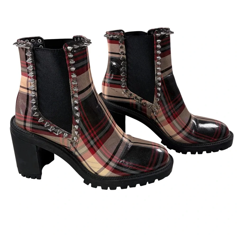 Jessica Simpson DEMMIE Plaid Studded Chelsea Booties Women 8M Spike Lug Sole
